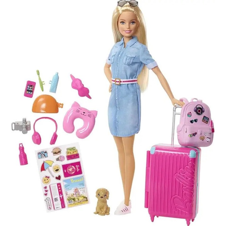 Set papusa de jucarie cu accesorii de calatorie, roz, 1 papusa, valiza cu maner pliabil, catelus si peste 10 accesorii, 32 x 6 x 23 cm, ISINI-CJ-K0497-260831-168