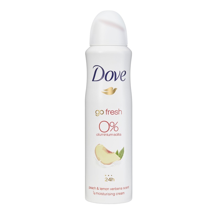 Deodorant antiperspirant Dove Peach Lemon cu 0% saruri de aluminiu si 0% alcool, 150 ml