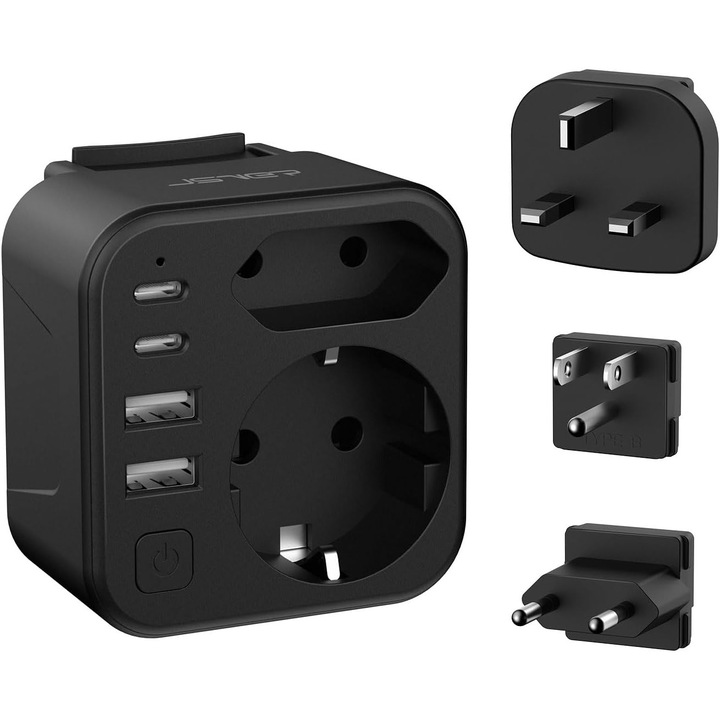 Adaptor Universal Calatorie cu 4 Porturi USB, Negru