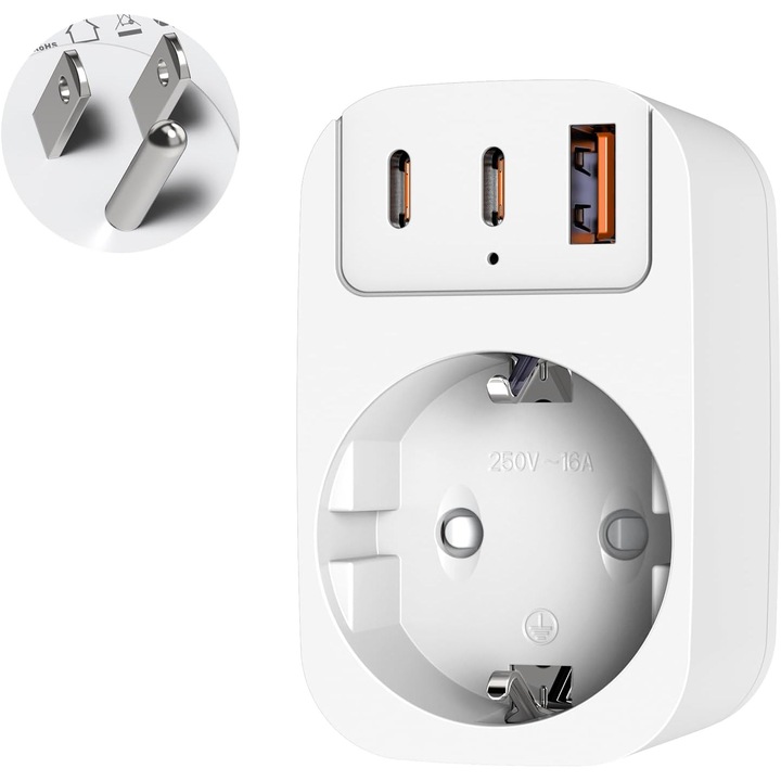 Adaptor Priza SUA cu 2xUSB-C si USB-A, Portabil, Alb