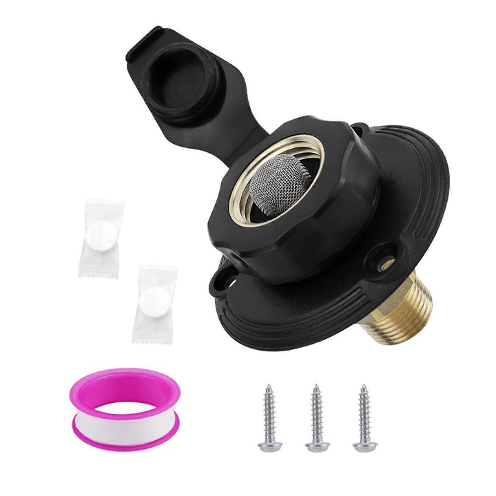 Vízbevezető csatlakozó lakóautóhoz CJ-F-K0204-20260826-5353, 3/4" NH anya → 1/2" NPT apa, ólommentes sárgaréz és ABS, visszacsapó szeleppel, fekete