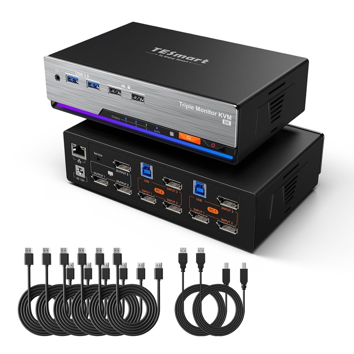 KVM DP 8K 60Hz 2 PC 3 monitoros kapcsoló, USB 3.0, Gigabit hálózat