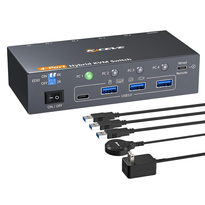 KVM kapcsoló 4K@60Hz 4 PC 1 monitor HDMI DP USB-C, USB 3.0