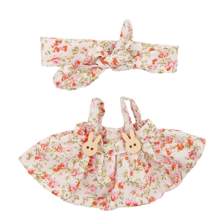 Haina pentru papusi din poliester, set fusta si bentita cu fundita, imprimeu floral roz/bej, pentru papusi 17 cm