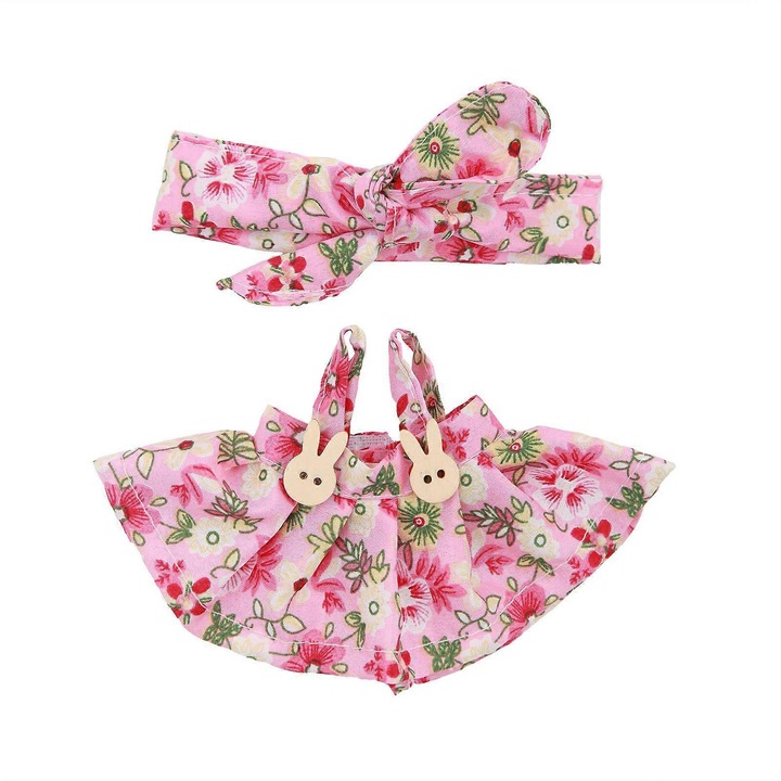 Set 2 piese imbracaminte pentru papusi 17 cm, fusta si bentita cu funda, poliester, imprimeu floral roz