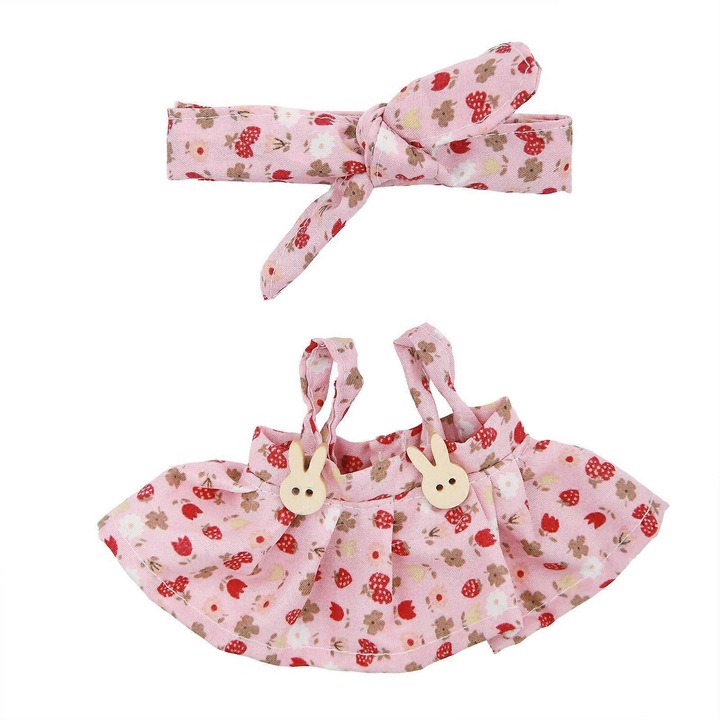 Set haine pentru papusi, fusta si bentita din poliester cu imprimeu capsuni si flori, roz, 17 cm