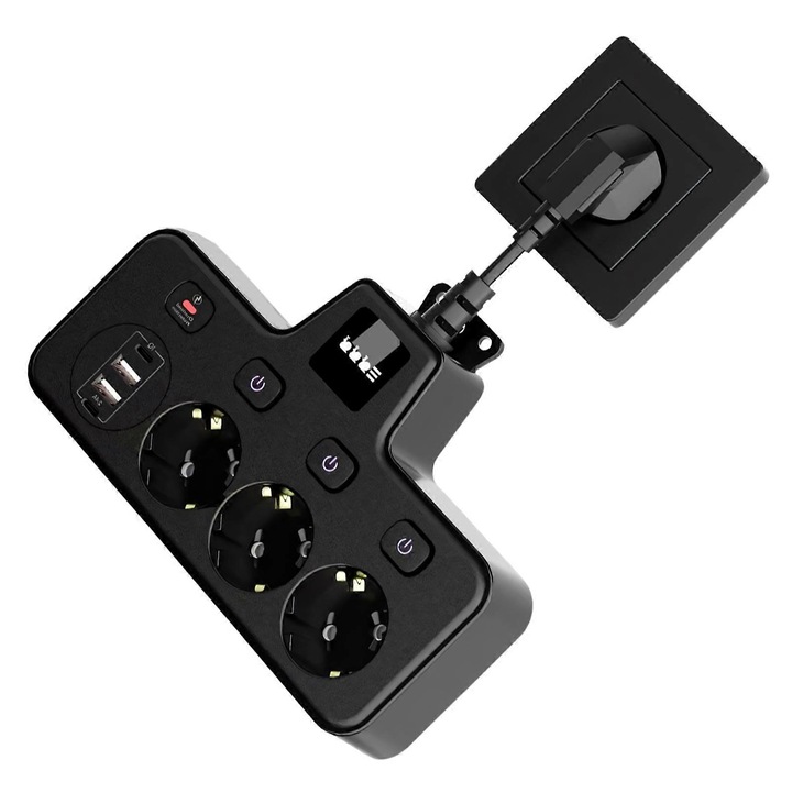 Adaptor convertor priza CJ-F-K0204-20260826-5420, 3 prize Schuko, 4 porturi USB (2x USB-C) cu incarcare inteligenta 2.4A/port, iluminare nocturna tactila 3 culori, protectie la suprasarcina 2500W, negru, 20.3x13.7 cm