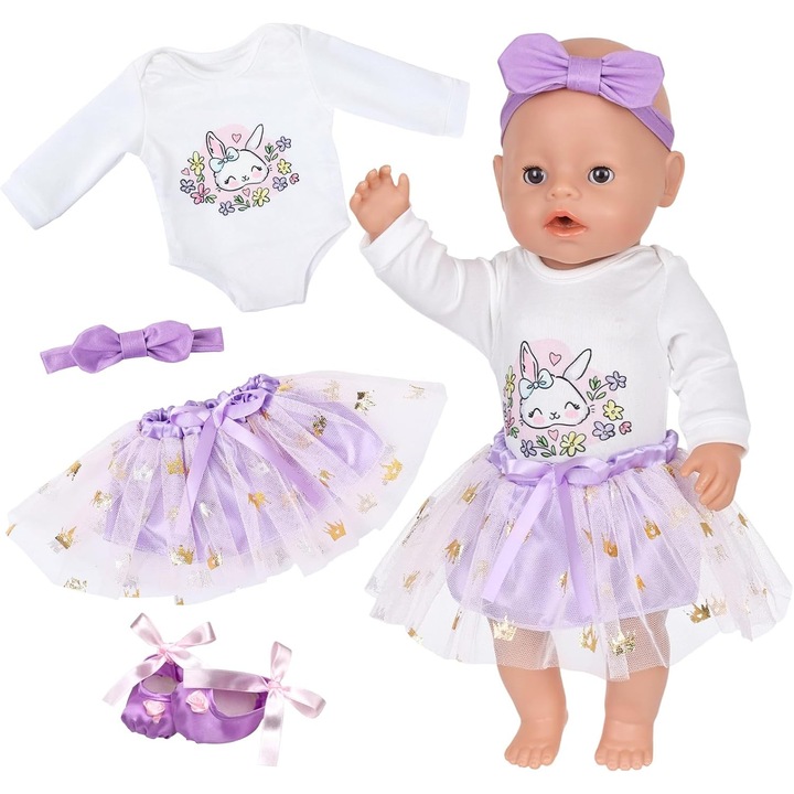 Set 4 Haine Papusi 35-43 cm: Salopeta, Fusta, Bentita, Pantofi