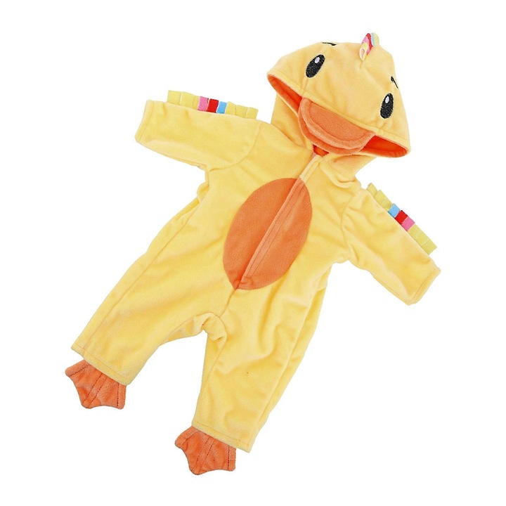 Salopeta pentru papusi din poliester, costum rata cu gluga si detalii colorate, galben, pentru papusi 43 cm