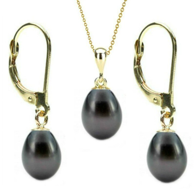 Set Aur 14k si Perle Naturale Teardrops Negre