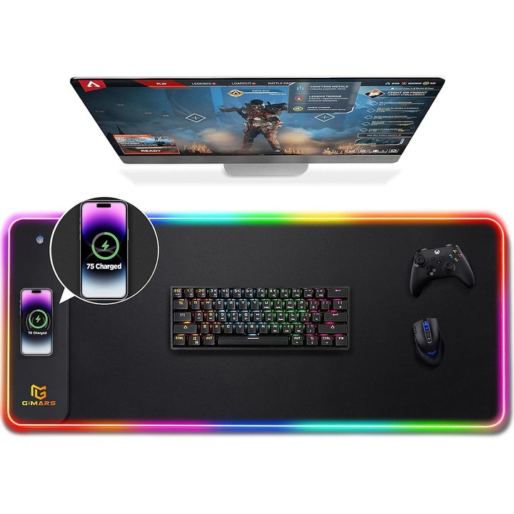 Mousepad Gaming RGB XXL cu Incarcare Wireless 15W, 80x30cm