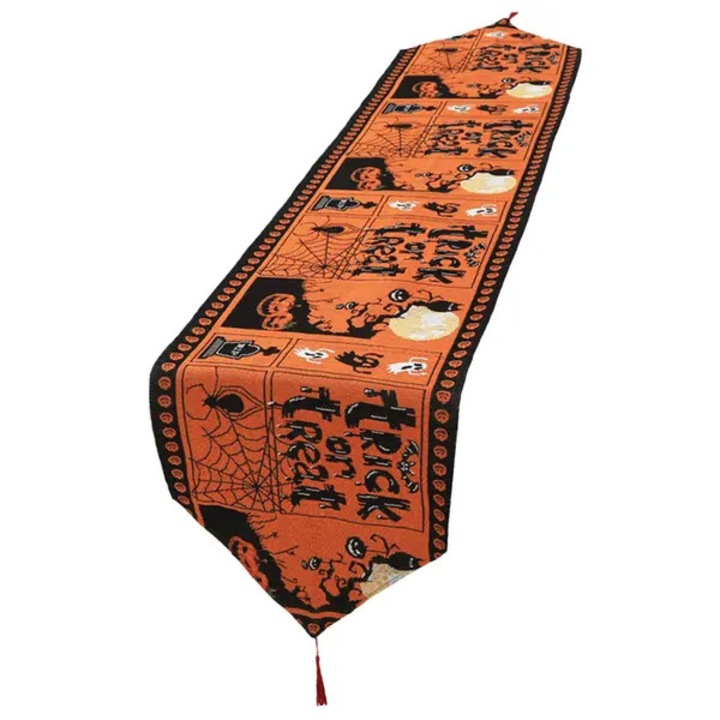 ISINI-CJ-K0497-260826-308 Halloween asztali futó, poliészter, Halloween mintás rojtokkal, narancssárga/fekete, 33 x 183 cm