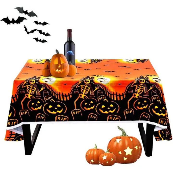 ISINI-CJ-K0497-260826-497 Halloween terítő, poliészter, 137 x 274 cm, vízálló, narancssárga/fekete, tök és csontváz mintával