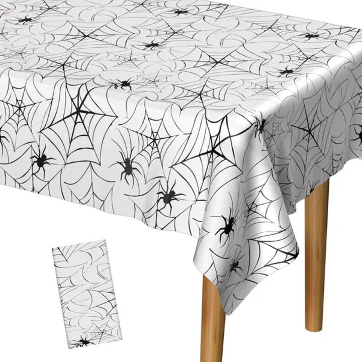 Halloween műanyag terítő pókháló mintával, fekete/fehér, 137 x 274 cm