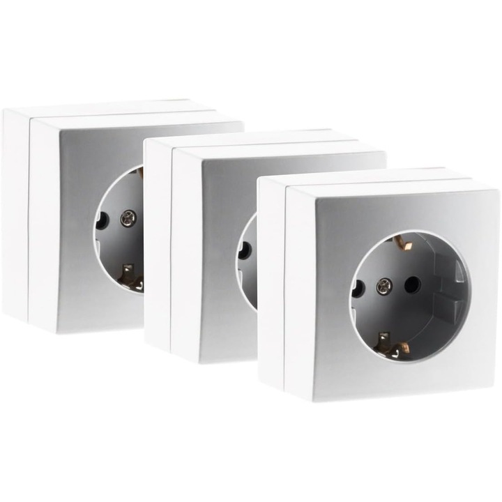 Set 3 Premii Schuko Zenitech 16A, Montaj Aplicat, Argintiu/Alb
