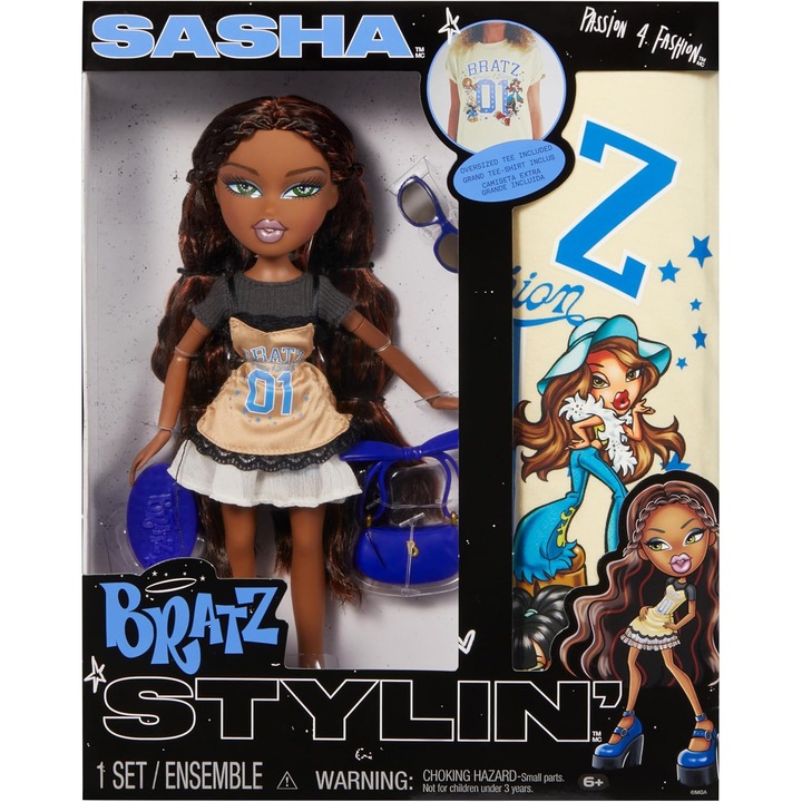 Papusa Bratz Stylin' Sasha cu Tricou Personalizabil si Accesorii