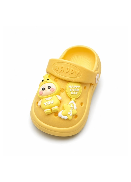 Saboti Copii Tip Crocs cu Personaj 3D, Balon si Stea Decorativa, Bareta Reglabila, Talpa Antiderapanta, Galben