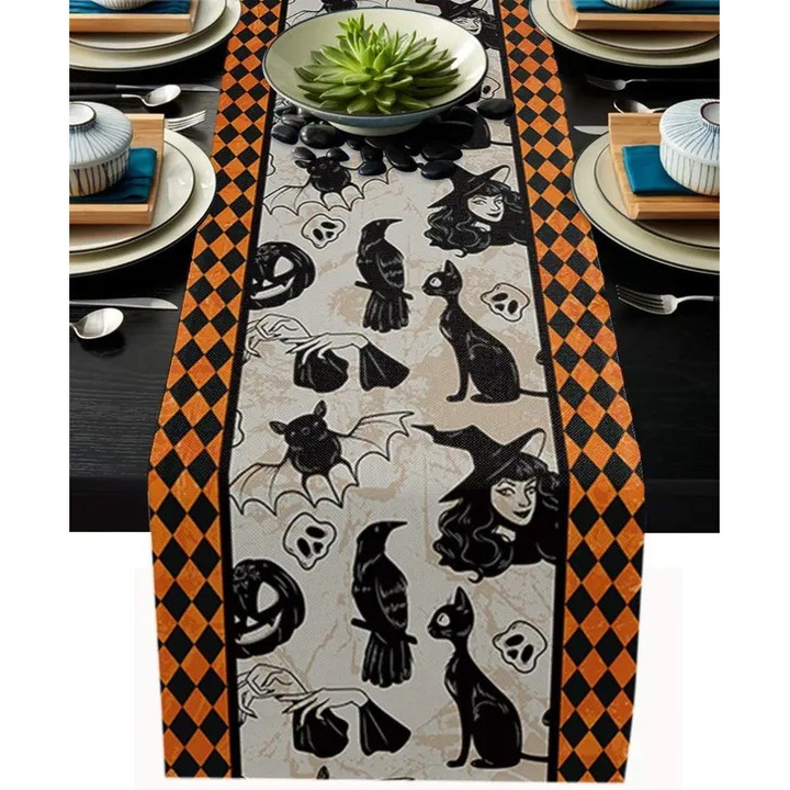 ISINI-CJ-K0497-260826-2842 asztali futó Halloween motívummal (boszorkány, macska, denevérek, tök), többszínű, 33 x 183 cm