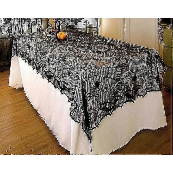 Dekoratív Halloween asztalterítő, gótikus csipke pókháló mintával, fekete, 244 x 122 cm