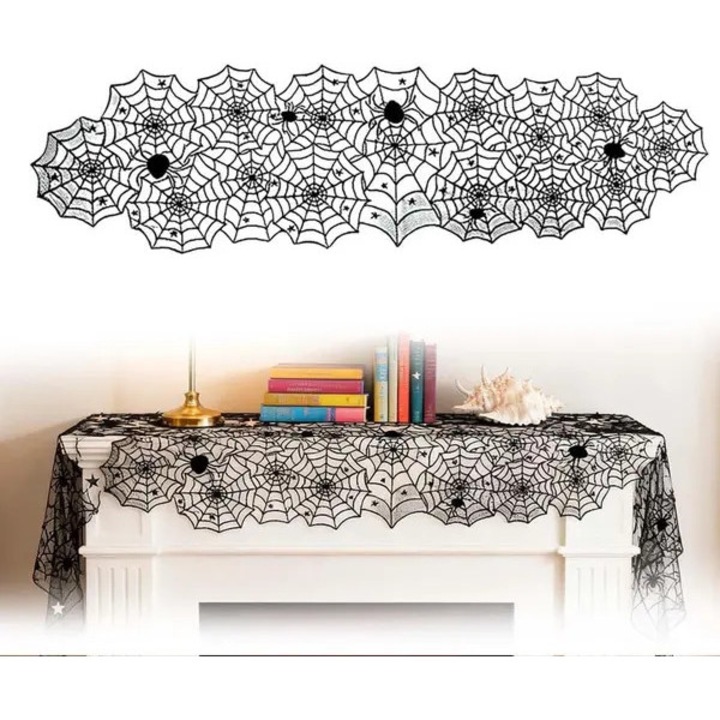 ISINI-CJ-K0497-260826-2665 asztali futó, pókhálómintás csipke Halloweenre, újrafelhasználható poliészter, fekete, 45 x 183 cm