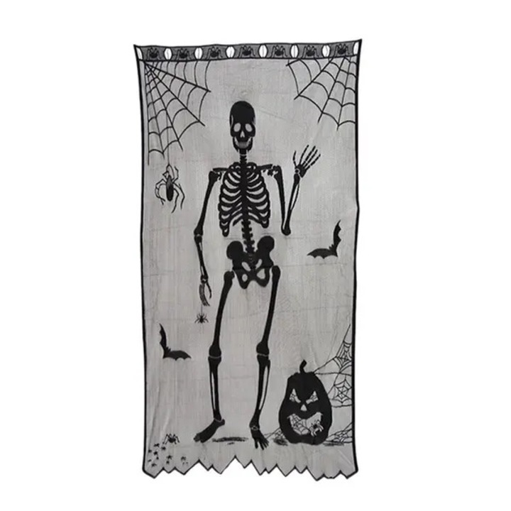 Halloween csipke hatású poliészter asztali futó csontvázzal és pókhálóval, fekete, 1 db.