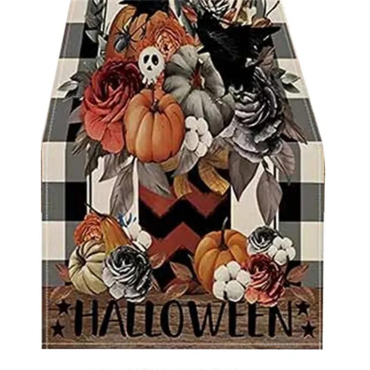 Halloween asztali futó, poliészterből, tök és koponya mintával, fekete-fehér kockás, többszínű, 33 x 183 cm