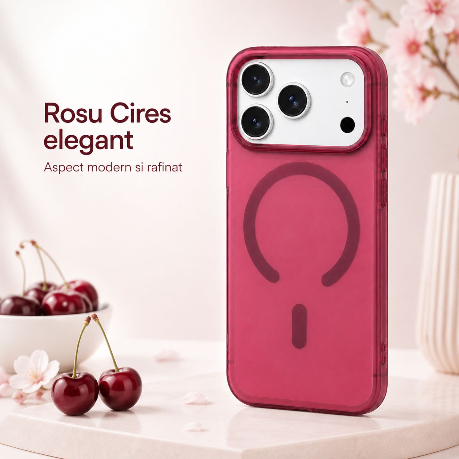 Husa pentru iPhone 18 Pro Max/ iPhone 17 Pro Max, din PC, MagSafe, Ultra Slim, Finisaj Mat Translucid, Anti-Amprenta, Protectie Camera, Rosu Cires