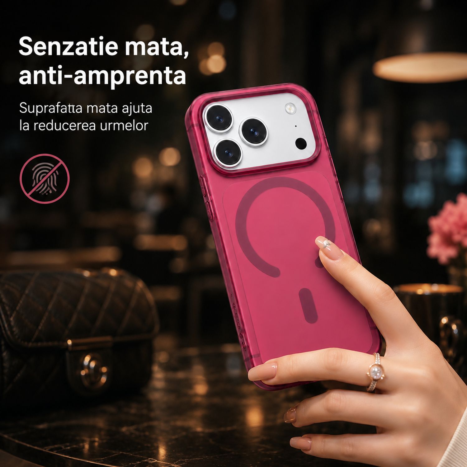 Husa pentru iPhone 18 Pro Max/ iPhone 17 Pro Max, din PC, MagSafe, Ultra Slim, Finisaj Mat Translucid, Anti-Amprenta, Protectie Camera, Rosu Cires
