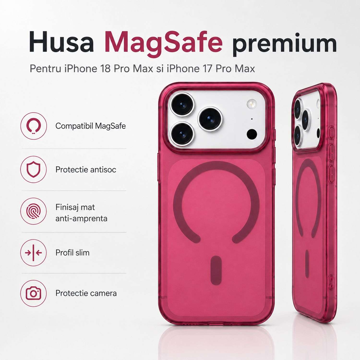 Husa pentru iPhone 18 Pro Max/ iPhone 17 Pro Max, din PC, MagSafe, Ultra Slim, Finisaj Mat Translucid, Anti-Amprenta, Protectie Camera, Rosu Cires