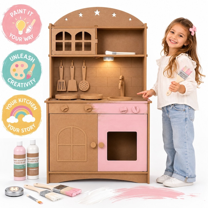 Творческа кухня 2в1 от MDF за деца LittleMakers™ Paint & Play, Комплект за персонализиране с 2 бои на водна основа, 3 четки, LED светлина, Кухненски аксесоари, Места за съхранение, Котлон, Мивка, Ролева игра, Pink Story Collection