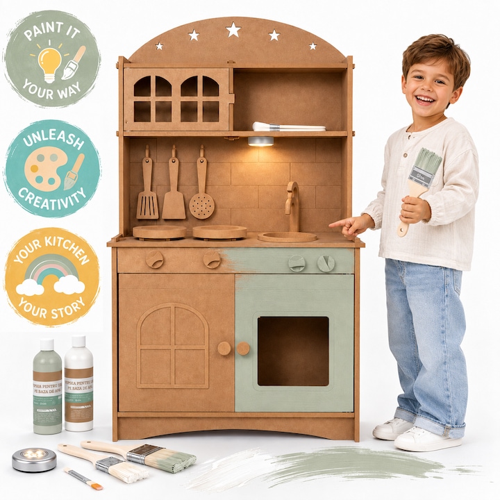 Творческа кухня 2в1 от MDF за деца LittleMakers™ Paint & Play, Комплект за персонализиране с 2 бои на водна основа, 3 четки, LED светлина, Кухненски аксесоари, Места за съхранение, Котлон, Мивка, Ролева игра, Green Story Collection