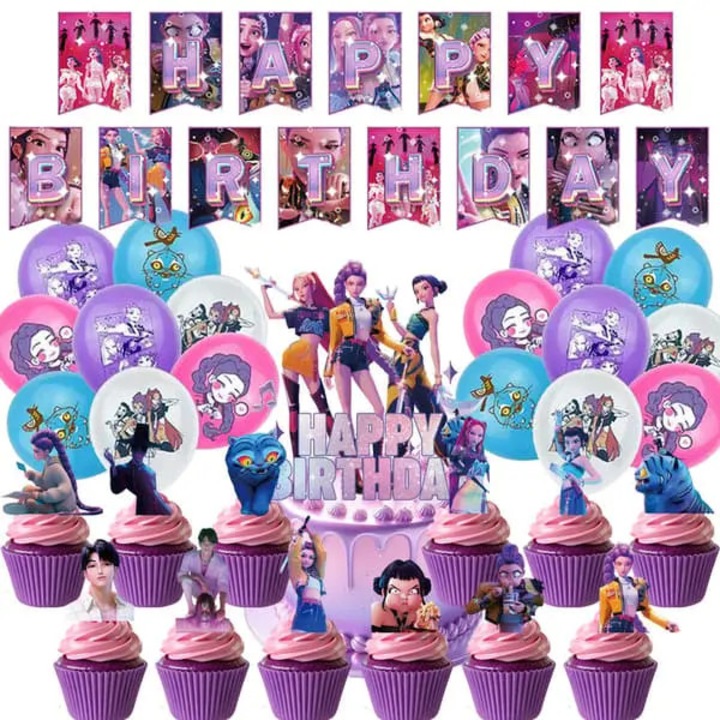 Комплект декорации за парти K-pop Demon Hunters STALVA-CJ-K0502-20260825-526, банер "Happy Birthday", балони, гирлянди, топери за торта и кексчета, многоцветен