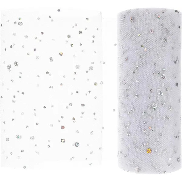 Dekoratív tüll holografikus flitterekkel, fehér, 22,5 m x 15 cm