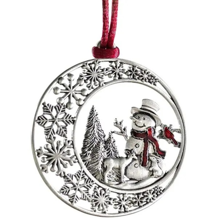 Коледна украса от калай, STALVA-CJ-K0502-20260825-6583, двустранен дизайн със снежен човек и снежинки, сребрист/червен