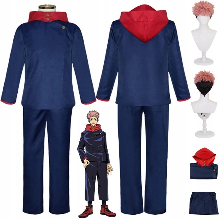 Costum cosplay Itadori Yuji (Jujutsu Kaisen) cu peruca XXL, bleumarin/rosu, marimi XS–XXXL
