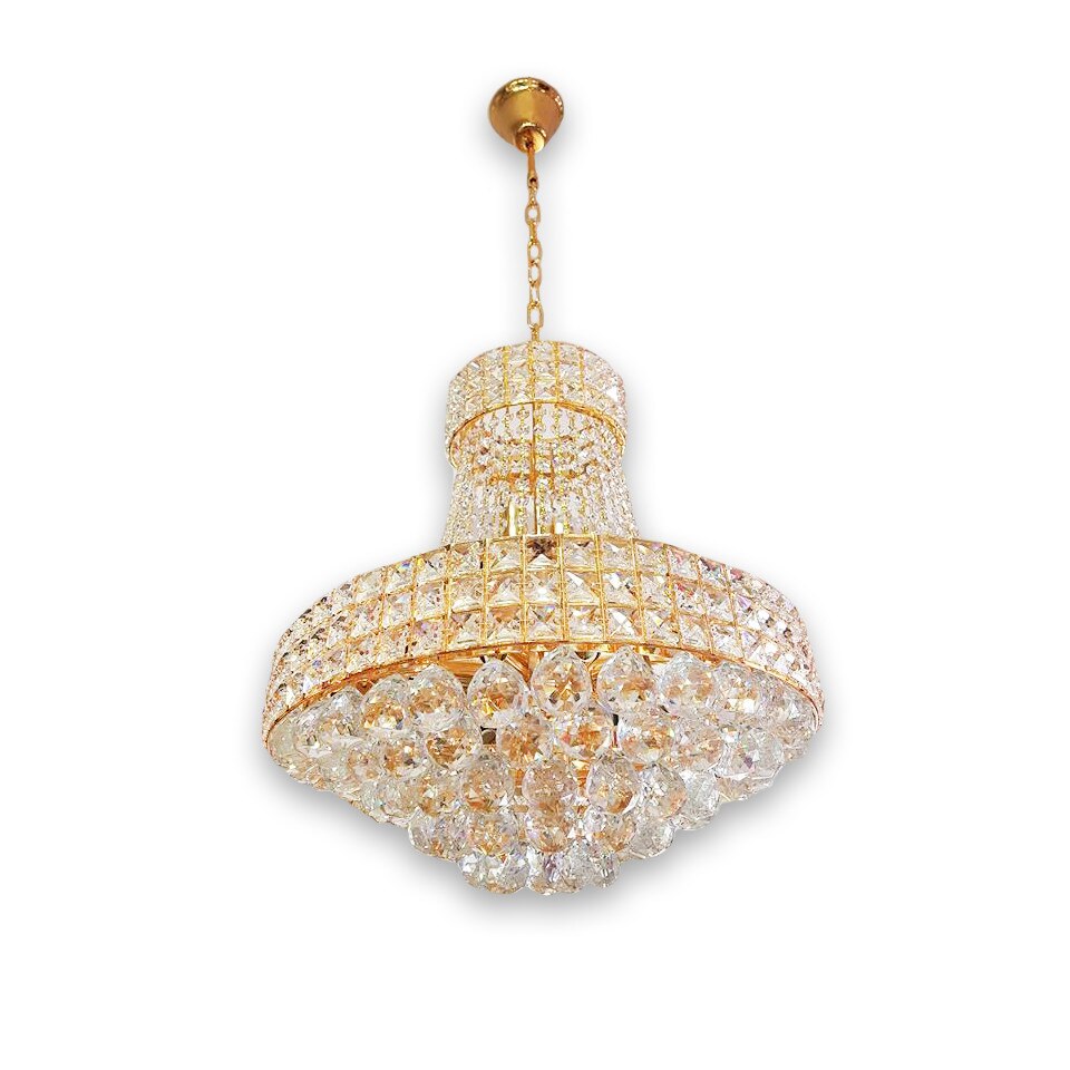 Lustra DC 6013, schelet auriu, cristal si metal, inaltime ajustabila, 14*e14