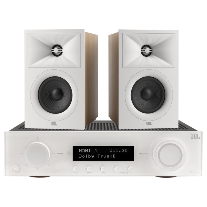 Sistem audio 2.0 JBL MA310 + STAGE 250B (JBLMA310+STAGE250BLATTE), amplificator AV 60 W RMS pe canal (8 Ω), Dolby & DTS, 4× HDMI 4K, Bluetooth 5.1, 2× boxe 75 W RMS 2‑drozne, latte