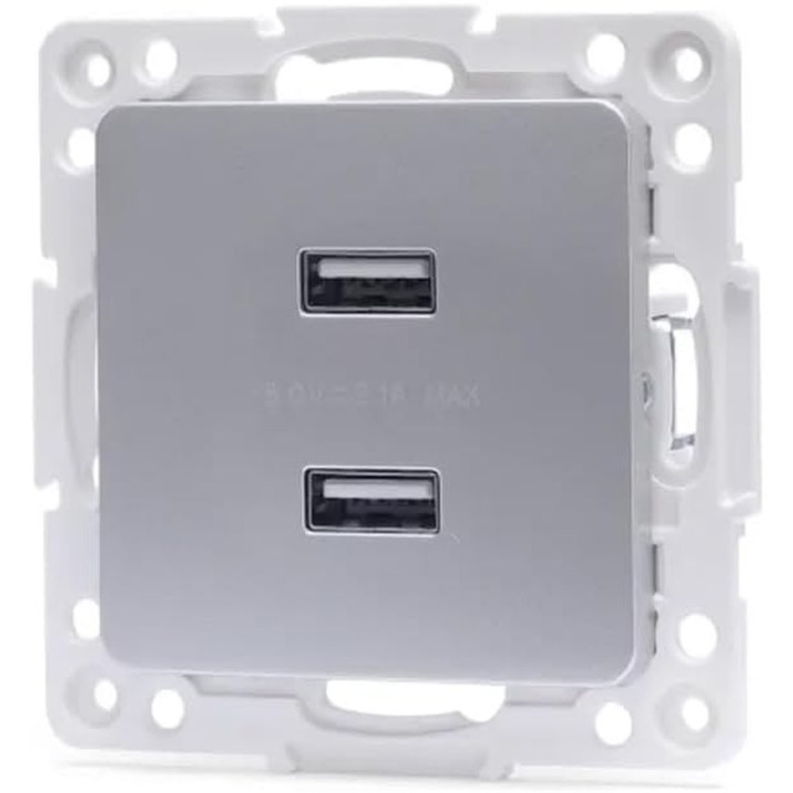 Adaptor Dublu USB Tip German/Francez Argintiu