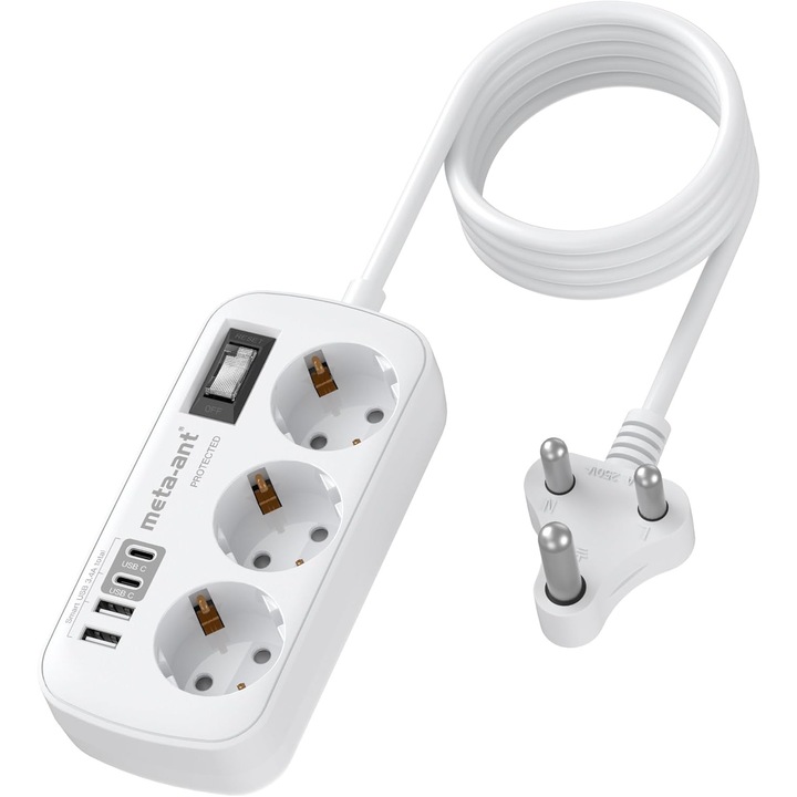 Adaptor Priza Africa de Sud 3 Prize AC + 4 USB-C/A, Cablu 1.5m