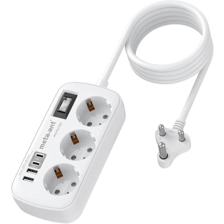 Adaptor Priza India 7-in-1 cu 4 USB-C/A, Cablu 1.5m