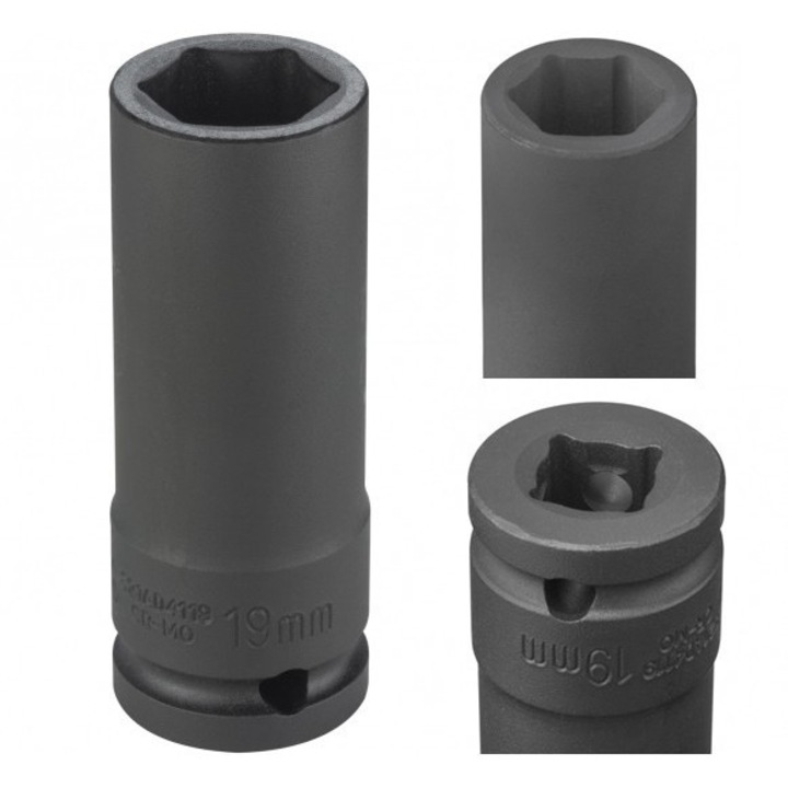 Дълъг ударен накрайник Jonnesway S21AD4119, 1/2" Easy Fit, 6 точки, 19 мм, Cr-Mo, 78 мм, тъмно сив