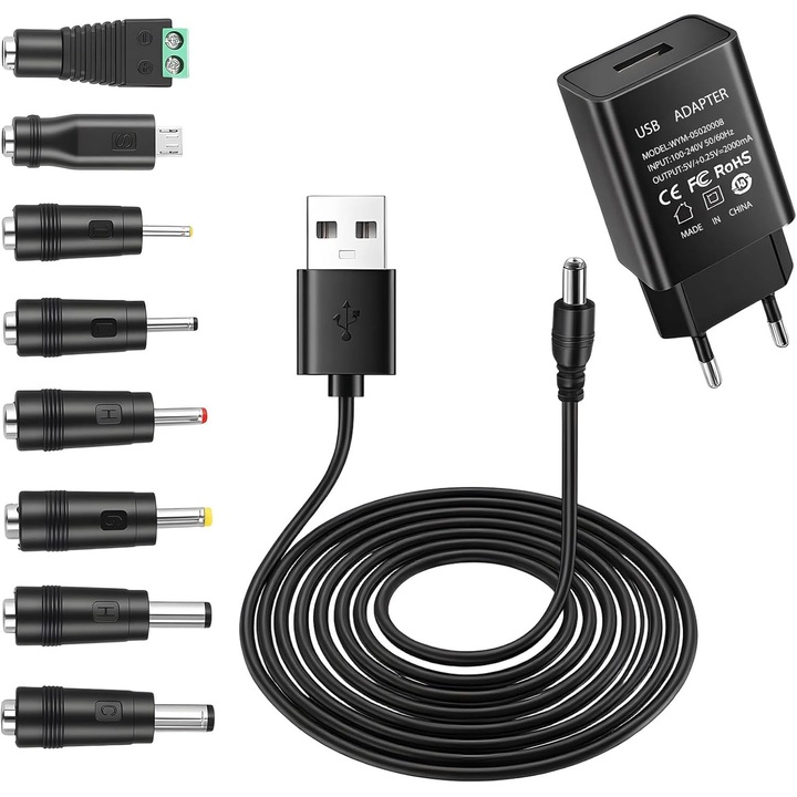 Adaptor Alimentare 5V 2A cu 8 Adaptoare DC & Cablu USB-DC 1M