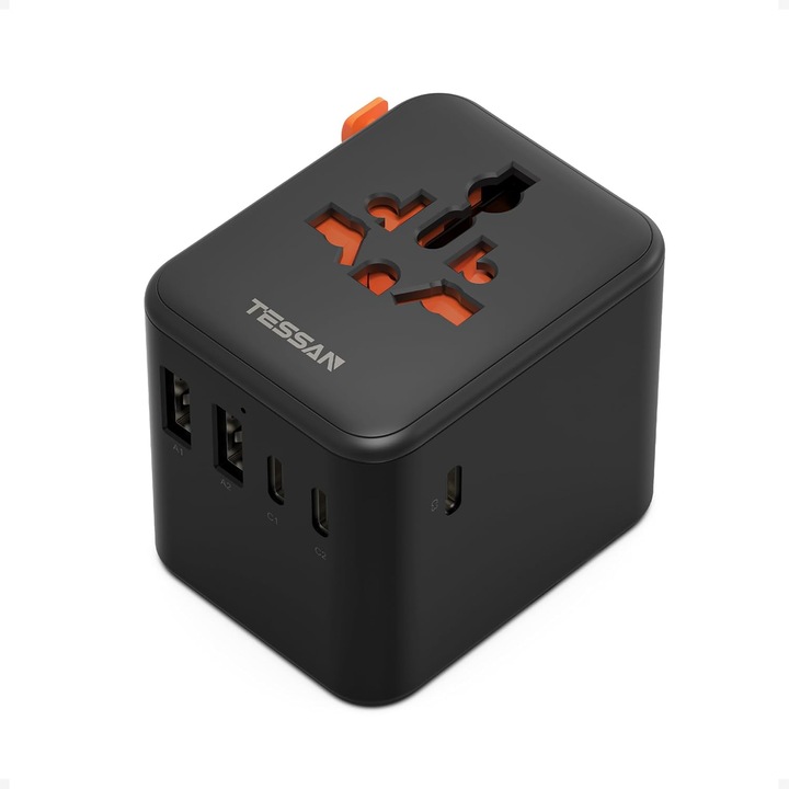 Adaptor Calatorie Universal TESSAN cu USB C, 5 Porturi USB, Negru