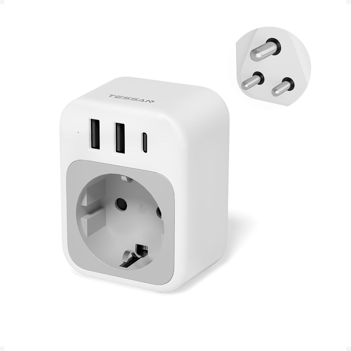 Adaptor Calatorie India Tip D cu 3 USB, 2500W, Incarcare 4 Dispozitive