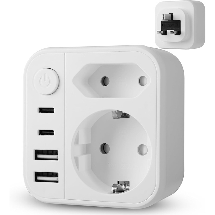Adaptor Priza 6-in-1 Anglia Germania, Tip G, USB-C, USB