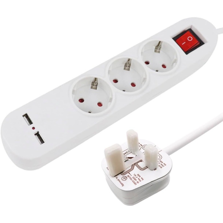 Adaptor Calatorie UK cu Extensie 1.5m, 3 Schuko + 2 USB, Mufa Tip G