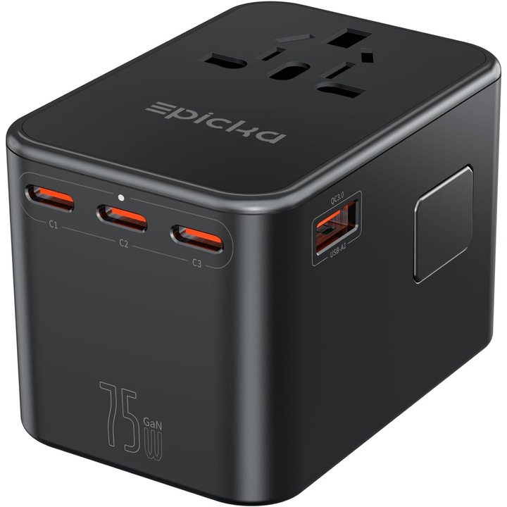 Adaptor Calatorie Universal EPICKA 75W GaN, 3xUSB-C, 2xUSB-A