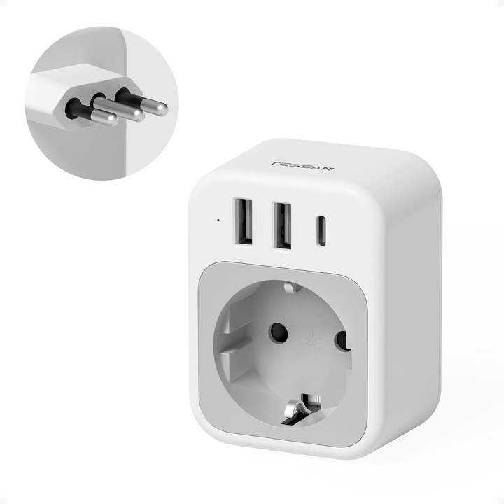 Adaptor Priza Italia USB C, Tip L, 3 Porturi USB, 2500W