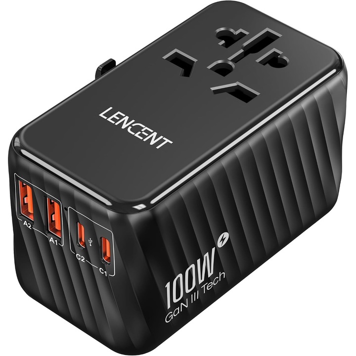 Adaptor Universal Calatorie 100W, 2xUSB-A, 2xUSB-C, Priza Internationala