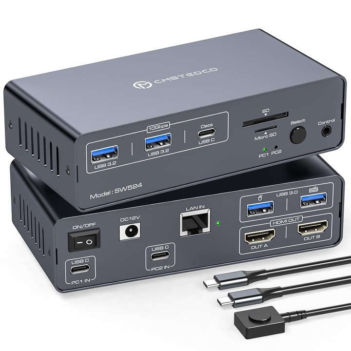 KVM USB-C dokkolóállomás 12 az 1-ben, 2 PC, 2 db 4K60Hz monitor